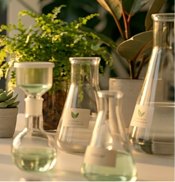 Decorative glass vases and potted plants on a table with a blurred background