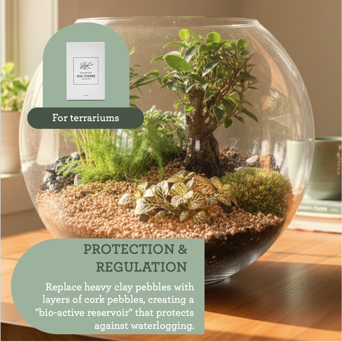 Generosa Soil Topper & Terrarium Pebbles - Natural Cork Granules for Healthy Soil & Bioactive Ecosystems 1000ml